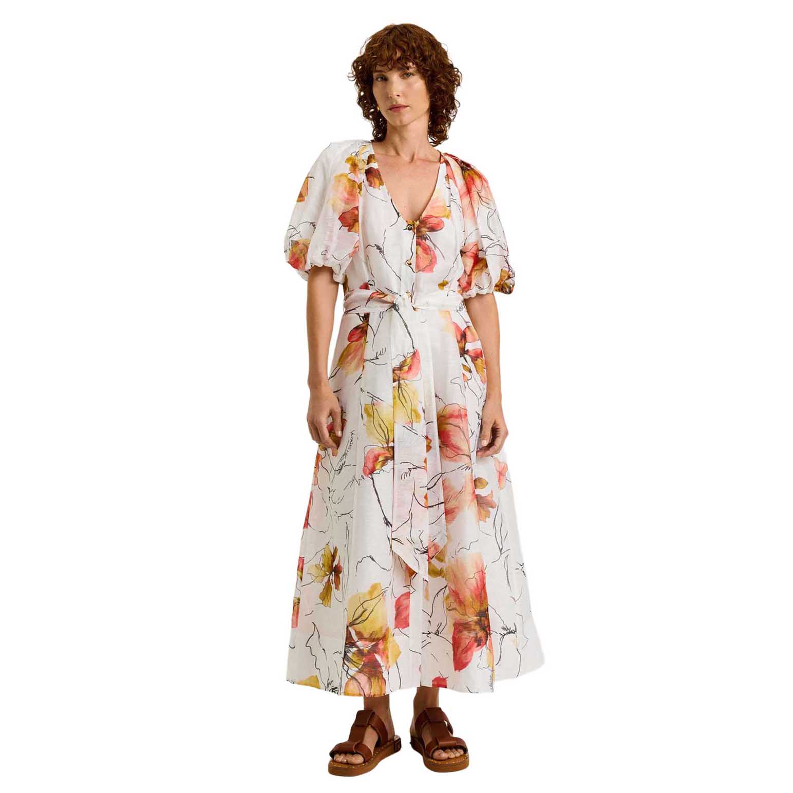 Veronika Maine Painted Floral Linen Silk Blouson Sleeve Midi Dress